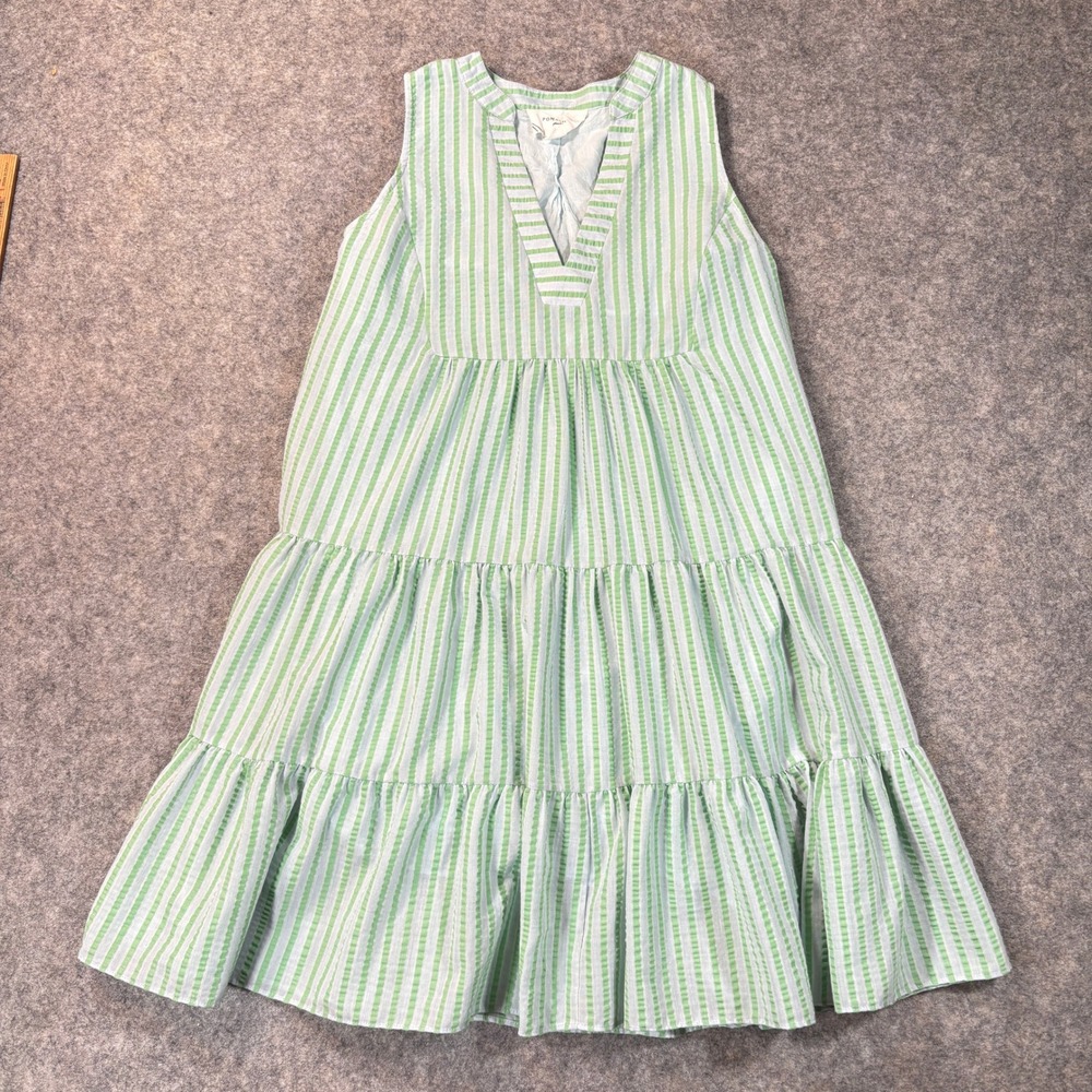 Pomander Place Dress Womens XS Green White Striped Tiered Preppy Resort Mini